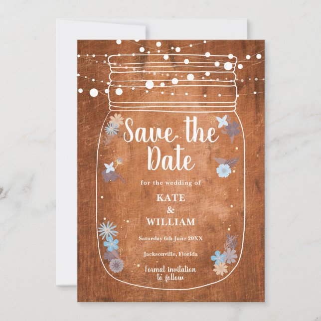 Reserva La Fecha Rustic Wood Mason Jar String Lights Save the Date (Anverso)