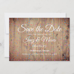 Reserva La Fecha Rustic Wood Panels Rainbow Confetti Save the Date
