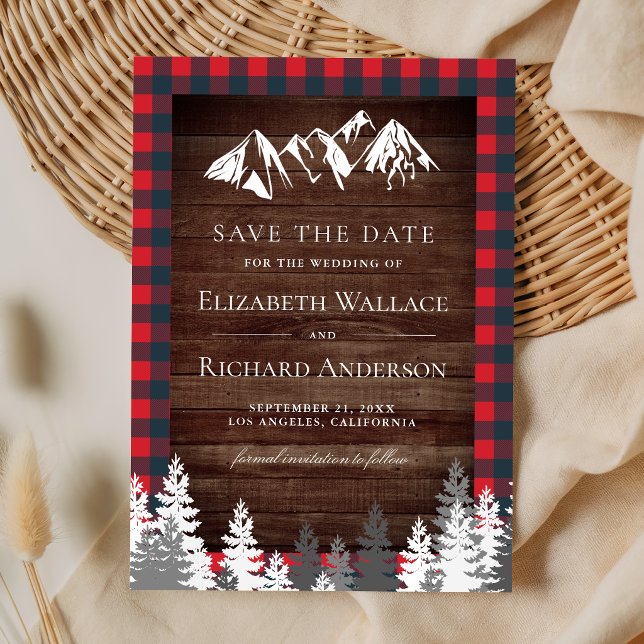 Reserva La Fecha Rustic Wood Red Buffalo Plaid Mountain Wedding (Subido por el creador)