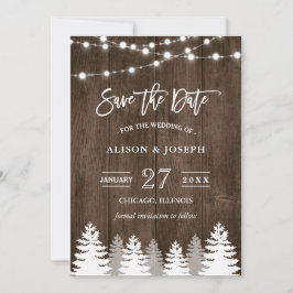 Reserva La Fecha Rustic Wood String ilumina Pine Tree Save the Date