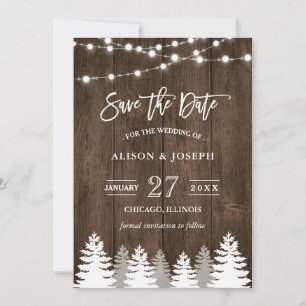 Reserva La Fecha Rustic Wood String ilumina Pine Tree Save the Date