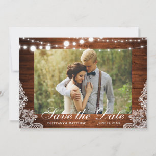 Reserva La Fecha Rustic Wood String Lights Lace Photo