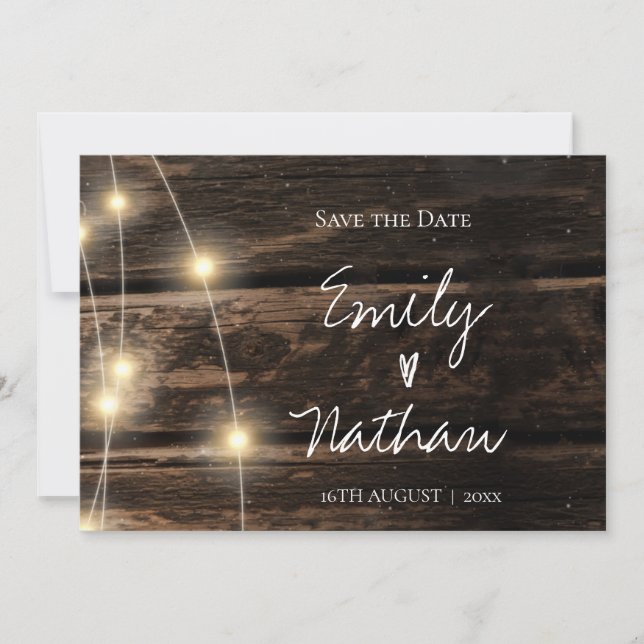 Reserva La Fecha Rustic Wood String Lights Wedding Save the Date (Anverso)