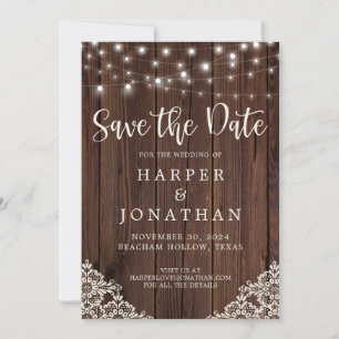 Reserva La Fecha Rustic Wood String Lights Wedding Save the Date