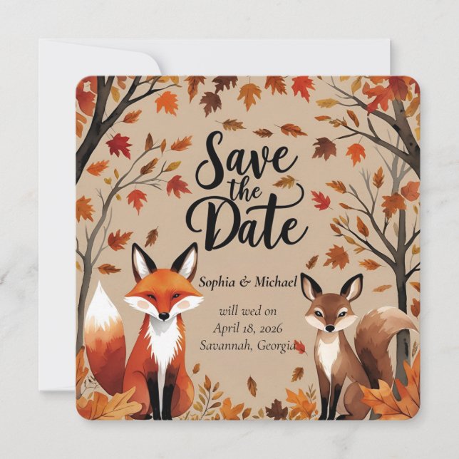 Reserva La Fecha Rustic Woodland Fox Autumn Save the Date Boda (Anverso)