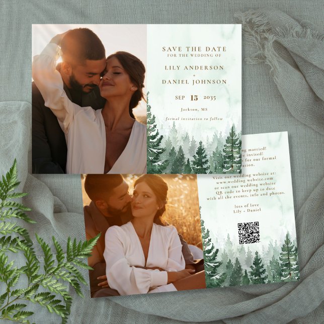 Reserva La Fecha Rústica acuarela Pine Forest Photo QR Code (Rustic Watercolor Pine Forest Photo QR Code Save The Date)