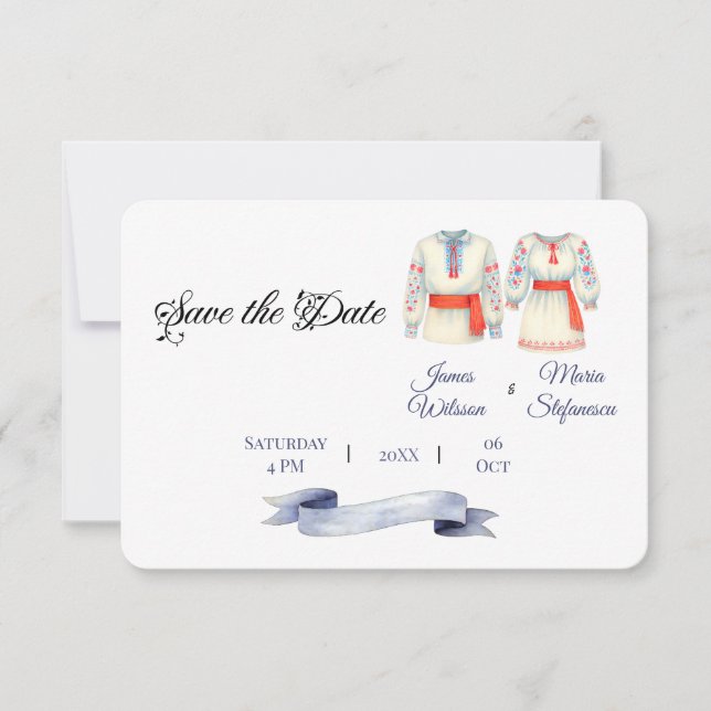 Reserva La Fecha Rústica Boda rumana Vestidos folclóricos tradicion (Anverso)