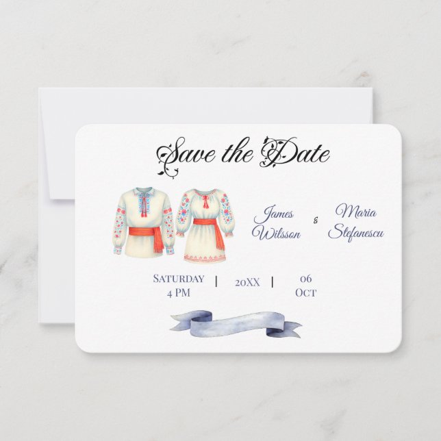 Reserva La Fecha Rústica Boda rumana Vestidos folclóricos tradicion (Anverso)