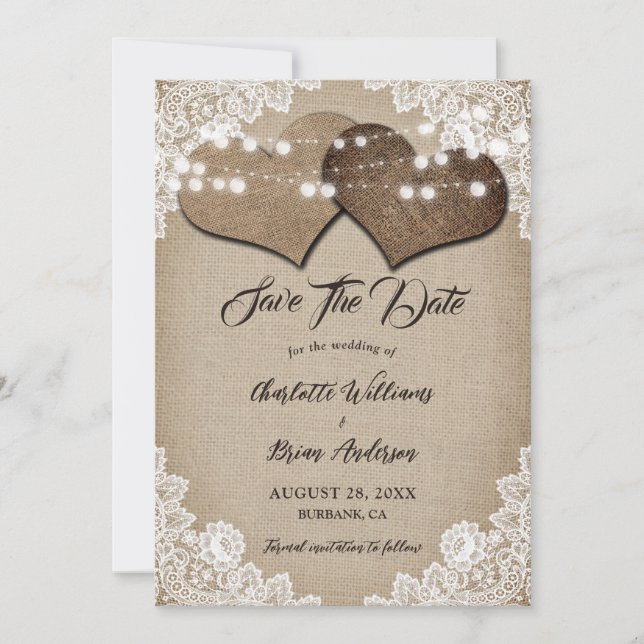 Reserva La Fecha Rústica Hessia Floral Lace Romántico Boda (Anverso)
