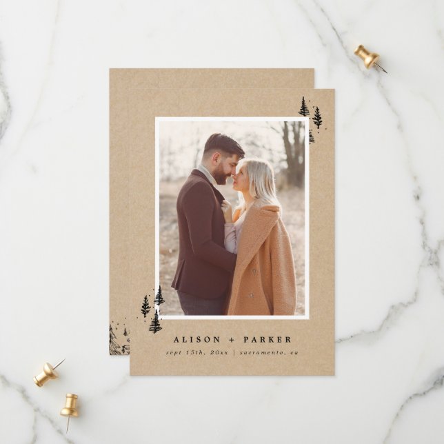 Reserva La Fecha Rústica Kraft fotografía de pinares de montañas di (Anverso/Reverso In Situ)