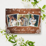 Reserva La Fecha Rústica Luces De Madera Lace 3 Foto Guardar Tarjet<br><div class="desc">Rustic Wood String Lights and Lace 3 Photo Save the Date Engagement Tarjeta de Invitación</div>