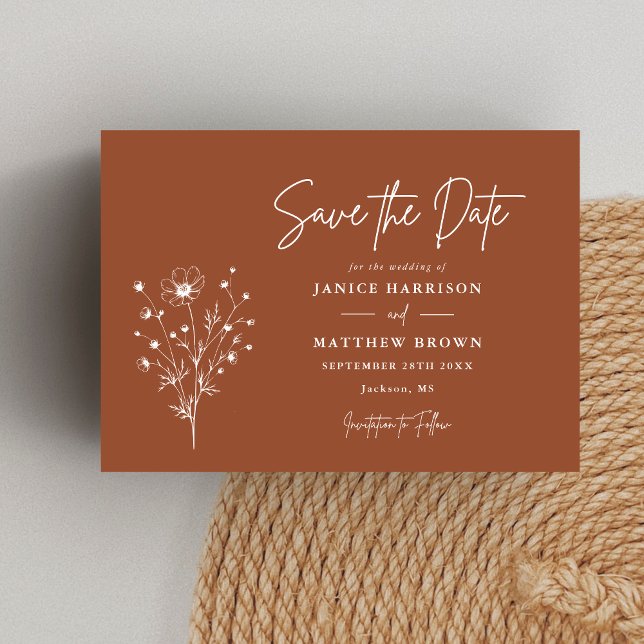 Reserva La Fecha Rústica Quemada Naranja Boho Elegante Foto Boda (Rustic burnt orange boho elegant photo save the date announces your day with warm personalized charm)