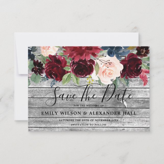 Reserva La Fecha Rústica Wood All Seasons Burgundy Floral Boda (Anverso)