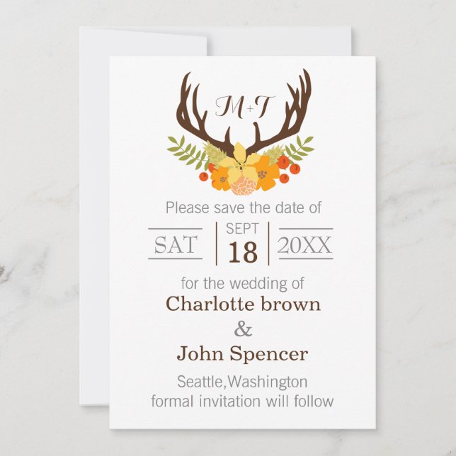 Reserva La Fecha Rústico Boda de Antler Deer Floral Woodland (Anverso)