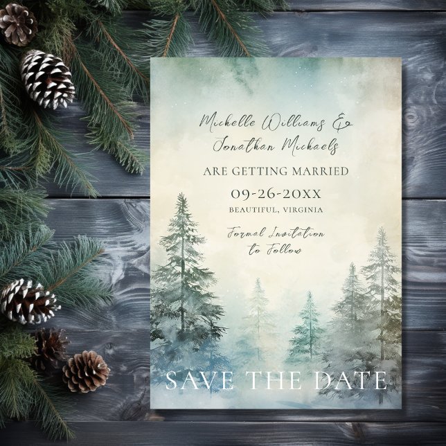 Reserva La Fecha Rústico Boda de bosques de pinos de invierno (Front - Rustic Winter Pine Forest Woodland Wedding Save The Date)