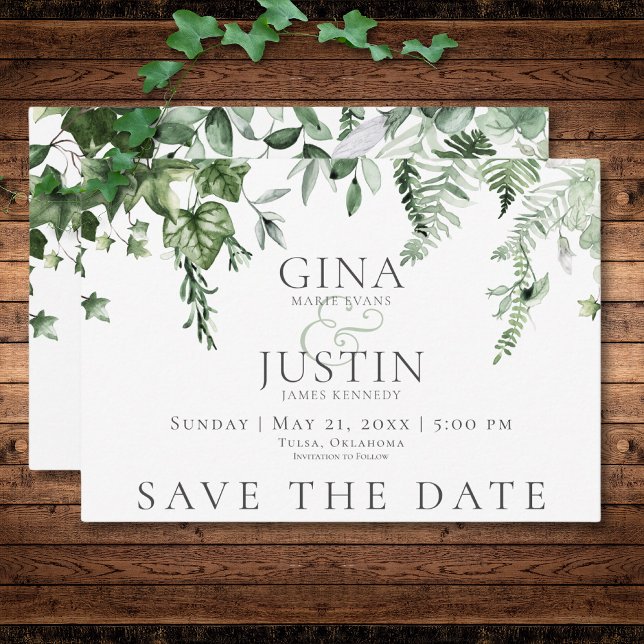 Reserva La Fecha Rústico Boda de la vegetación marfileña y salvia (Rustic Ivy & Sage Greenery Wedding Save The Date)