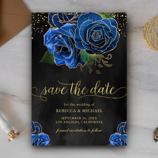 Reserva La Fecha Rústico Boda floral azul Royal Gold (Subido por el creador)