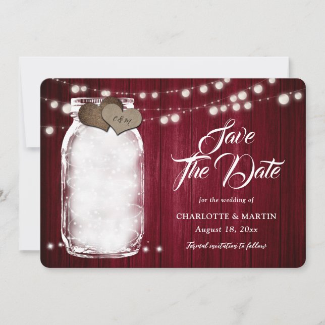 Reserva La Fecha Rústico Borgoña Mason Jar String Luces Boda (Anverso)