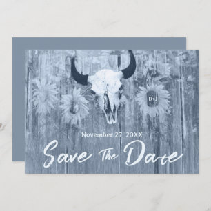 Reserva La Fecha Rústico Dusty Blue Sunflowers Bull Skull