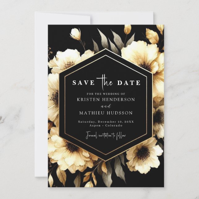 Reserva La Fecha Rústico floral oro y negro Boda (Anverso)
