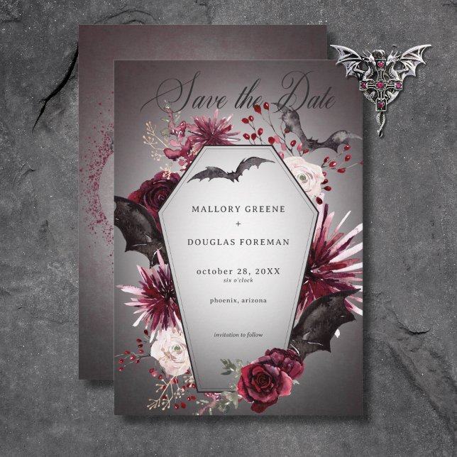 Reserva La Fecha Rústico Gótico Negro y Borgoña Boda de Halloween (Rustic Gothic Black & Burgundy Halloween Wedding Save The Date)