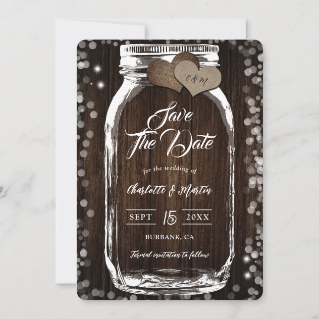 Reserva La Fecha Rústico País Mason Jar Barn Wood Boda (Anverso)
