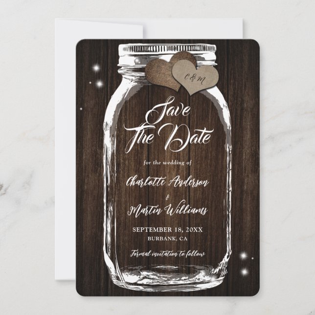 Reserva La Fecha Rústico País Mason Jar Wood Boda (Anverso)