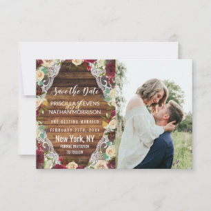 Reserva La Fecha Rústico País Rojo Marfil Floral Lace Madera