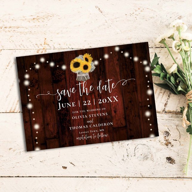 Reserva La Fecha Rústico Sunflowers Bouquet Ilumina Boda de Madera  (Subido por el creador)
