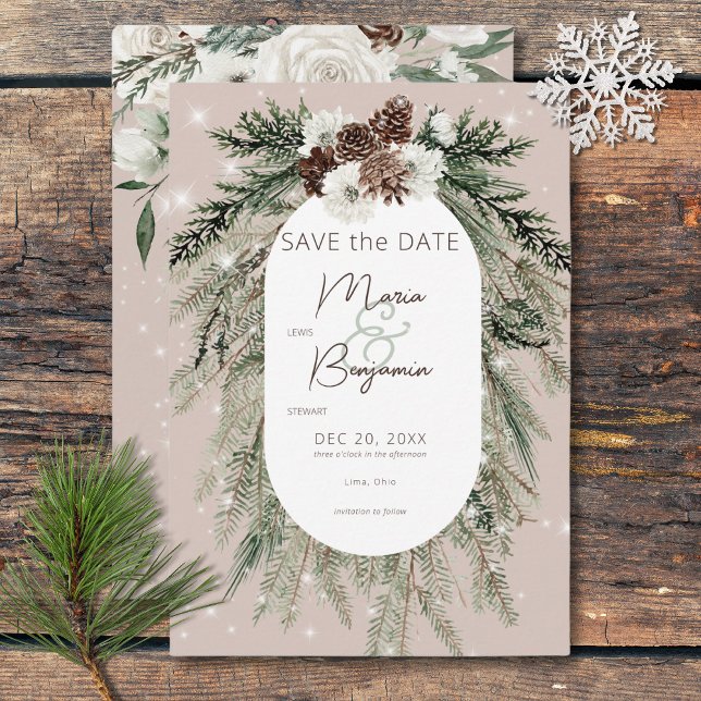 Reserva La Fecha Rústico Tan Pine Winter Sparkle Boda (Rustic Tan Pine Winter Sparkle Wedding Save The Date)