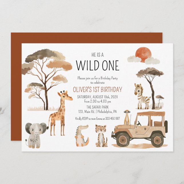 Reserva La Fecha Safari Wild One Boy Primer cumpleaños (Anverso / Reverso)