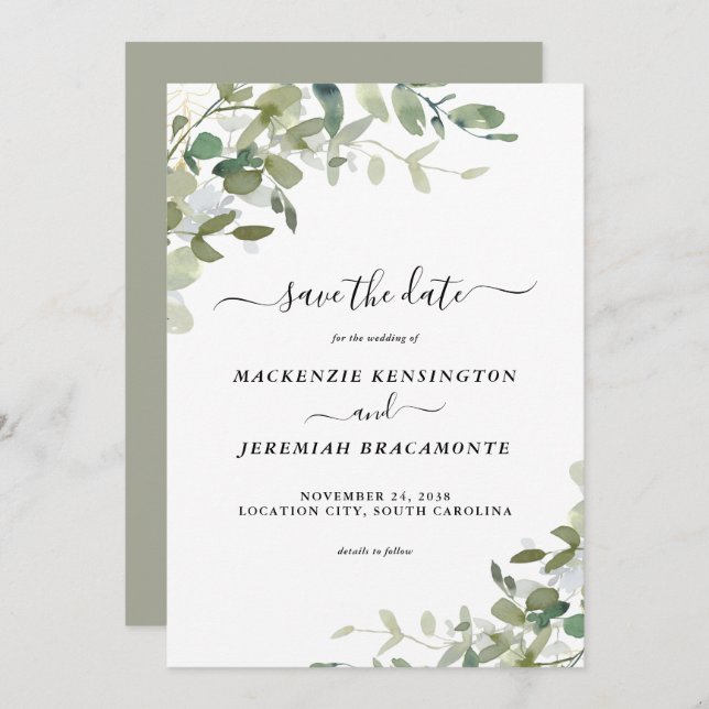 Reserva La Fecha Sage Eucalyptus Greenery Wedding Save the Date (Anverso / Reverso)