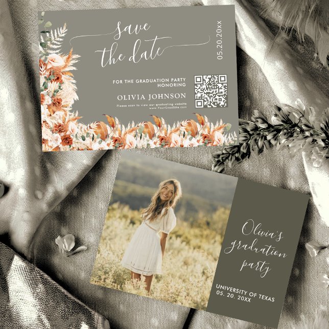 Reserva La Fecha Sage Gray Terracotta Graduation Save the Date QR  (Subido por el creador)
