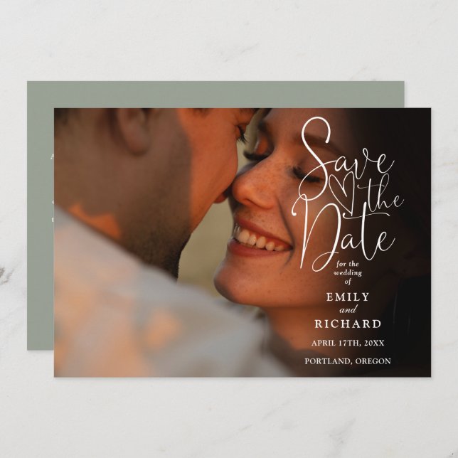 Reserva La Fecha Sage Green 2 Photo Elegant Script Boda QR Code (Anverso / Reverso)