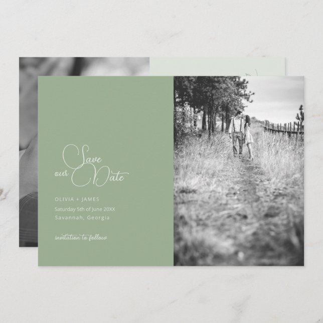Reserva La Fecha Sage Green 2-Photo Save The Date Card (Anverso / Reverso)