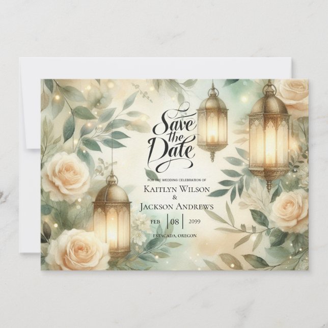 Reserva La Fecha Sage Green and Ivory Rose Lantern Save the Date (Anverso)