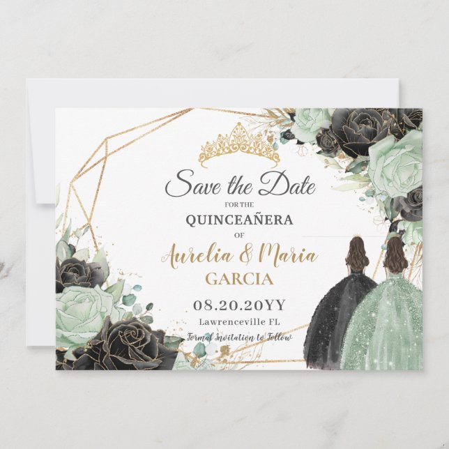 Reserva La Fecha Sage Green Black Floral Twins XV Quinceañera (Anverso)