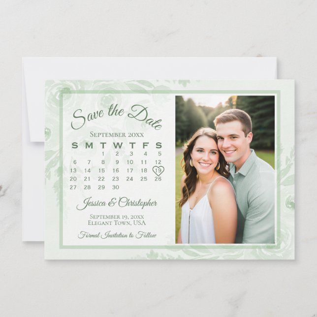 Reserva La Fecha Sage Green Boho Peonies Calendar & Photo Wedding (Anverso)