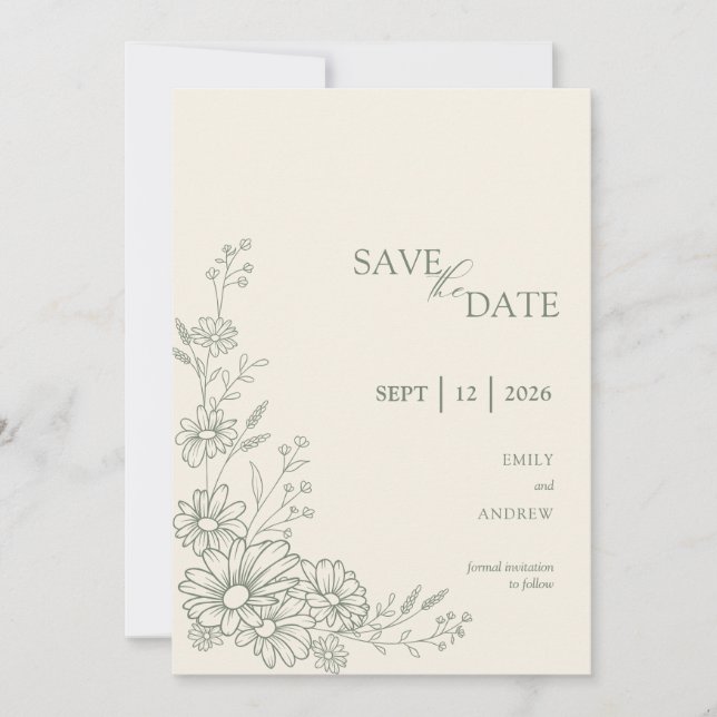 Reserva La Fecha Sage Green Botanical Daisy Garden Wedding (Anverso)