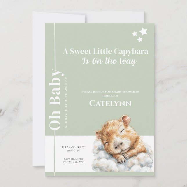 Reserva La Fecha Sage Green Capybara Baby Shower Invitation (Anverso)
