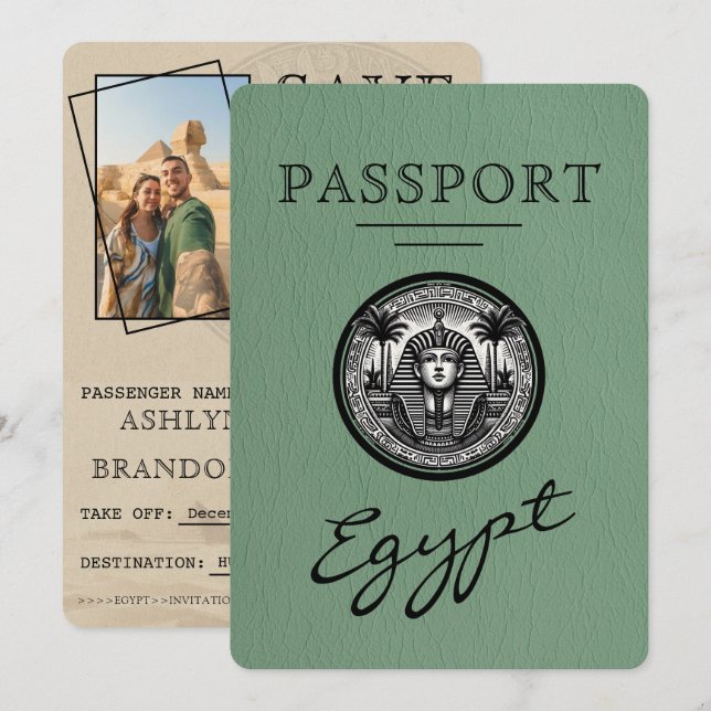 Reserva La Fecha Sage Green Egypt Passport Wedding Save the Date (Anverso / Reverso)