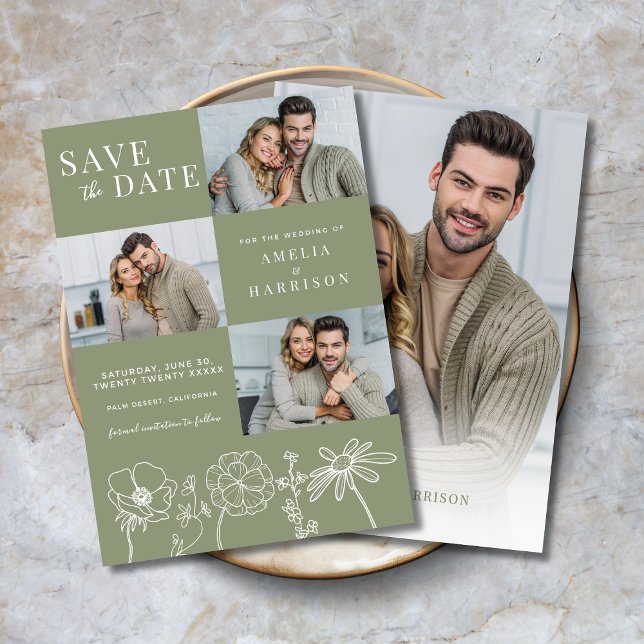 Reserva La Fecha Sage Green Elegant Floral Cuatro Bodas Fotográfico (Sage Green Elegant Floral Four Photo Wedding Save the Date with Line Art, 3 front photos, 1 on back.)