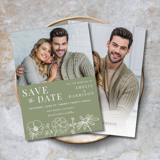 Reserva La Fecha Sage Green Elegant Floral Dos Bodas de fotografía (Sage Green Floral Two Photo Wedding Save the Date with Line Art Flowers.)