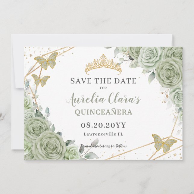 Reserva La Fecha Sage Green Floral Gold Quinceanera Sweet 16 (Anverso)