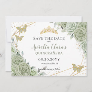 Reserva La Fecha Sage Green Floral Gold Quinceanera Sweet 16