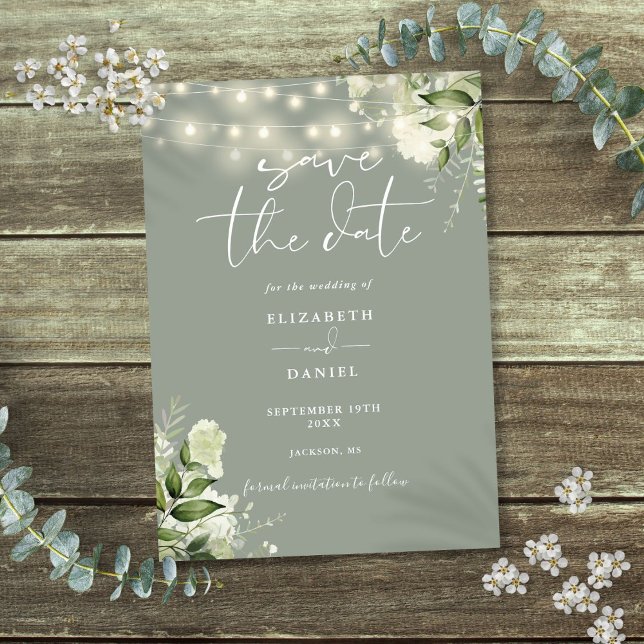 Reserva La Fecha Sage Green Floral Greenery String Lights Boda (Sage Green Floral Greenery String Lights Wedding Save The Date)