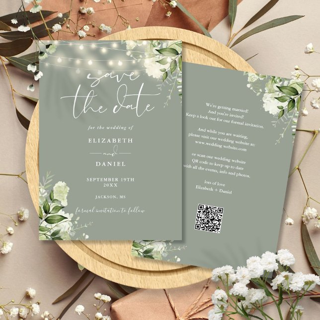 Reserva La Fecha Sage Green Floral String Lights QR Code Boda (Sage Green Floral String Lights QR Code Wedding Save The Date)
