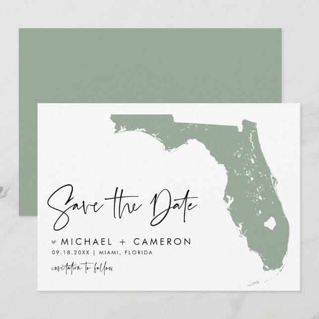 Reserva La Fecha Sage Green Florida Map Moderno Script Minimalista (Anverso / Reverso)