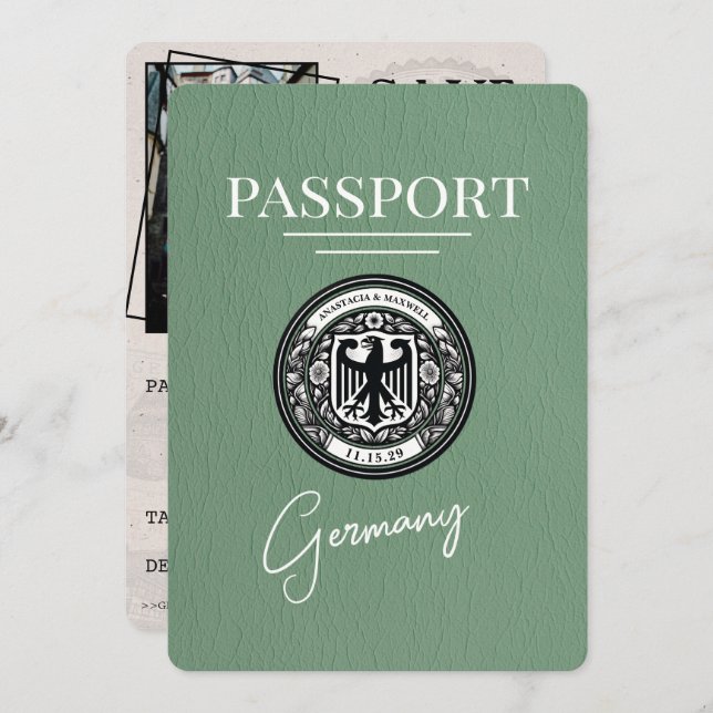 Reserva La Fecha Sage Green Germany Passport Save the Date (Anverso / Reverso)