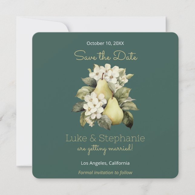 Reserva La Fecha Sage Green & Gold Pear Square Save the Date Cards (Anverso)
